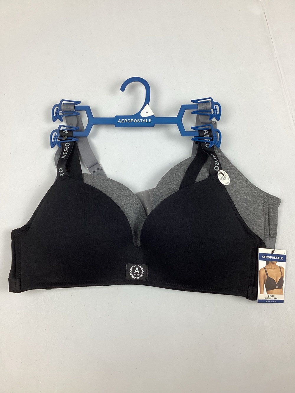 Aeropostale 2 Pack Wire Free Push Up Bra Size Large Black Gray NEW! MSRP $39.50